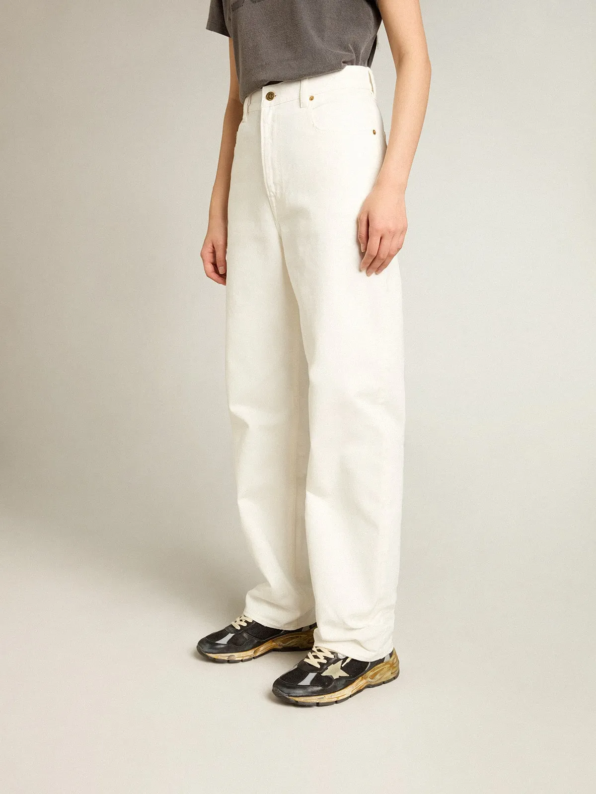 Pantalón de mujer de algodón denim color blanco óptico