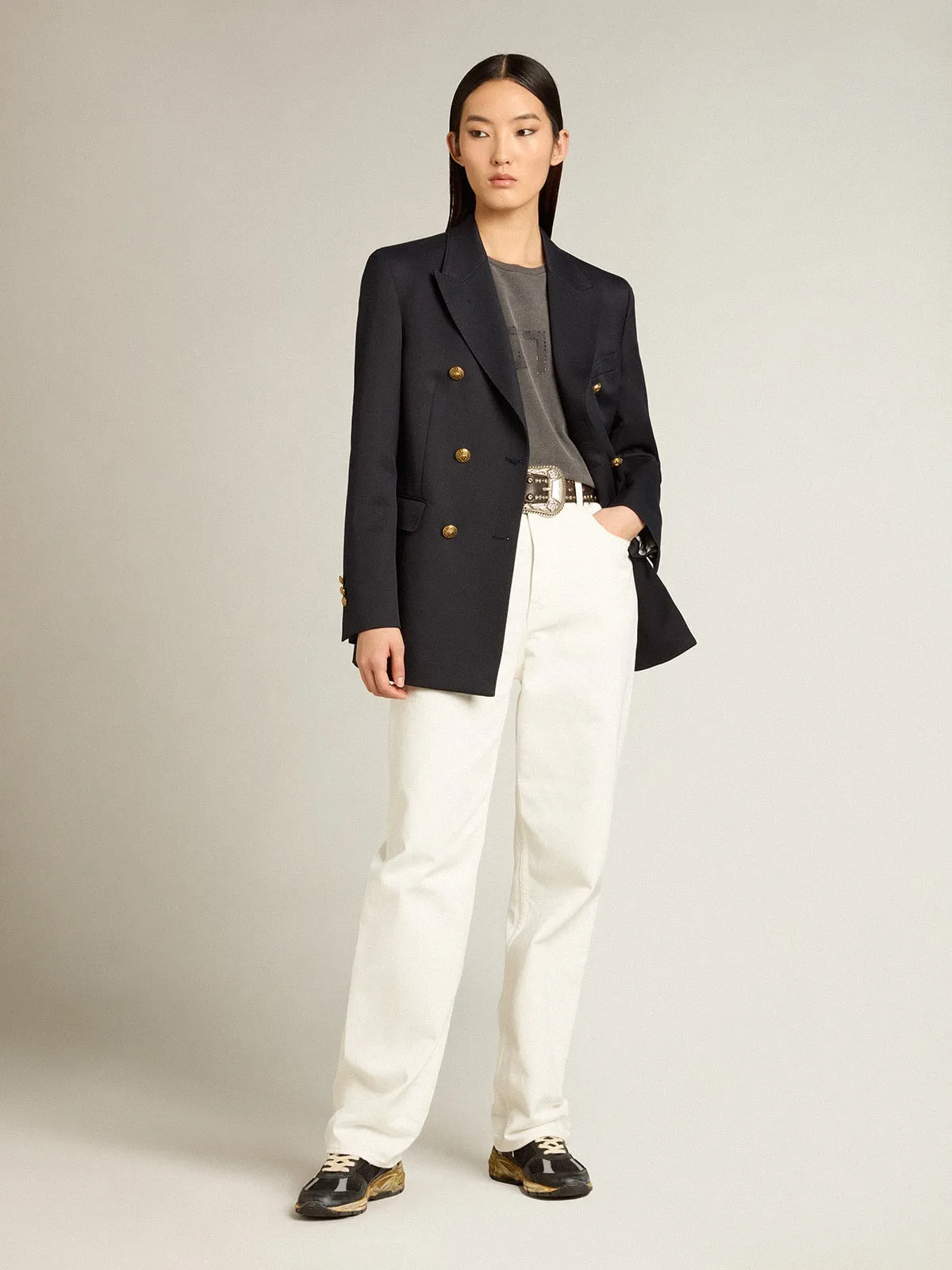 Pantalón de mujer de algodón denim color blanco óptico