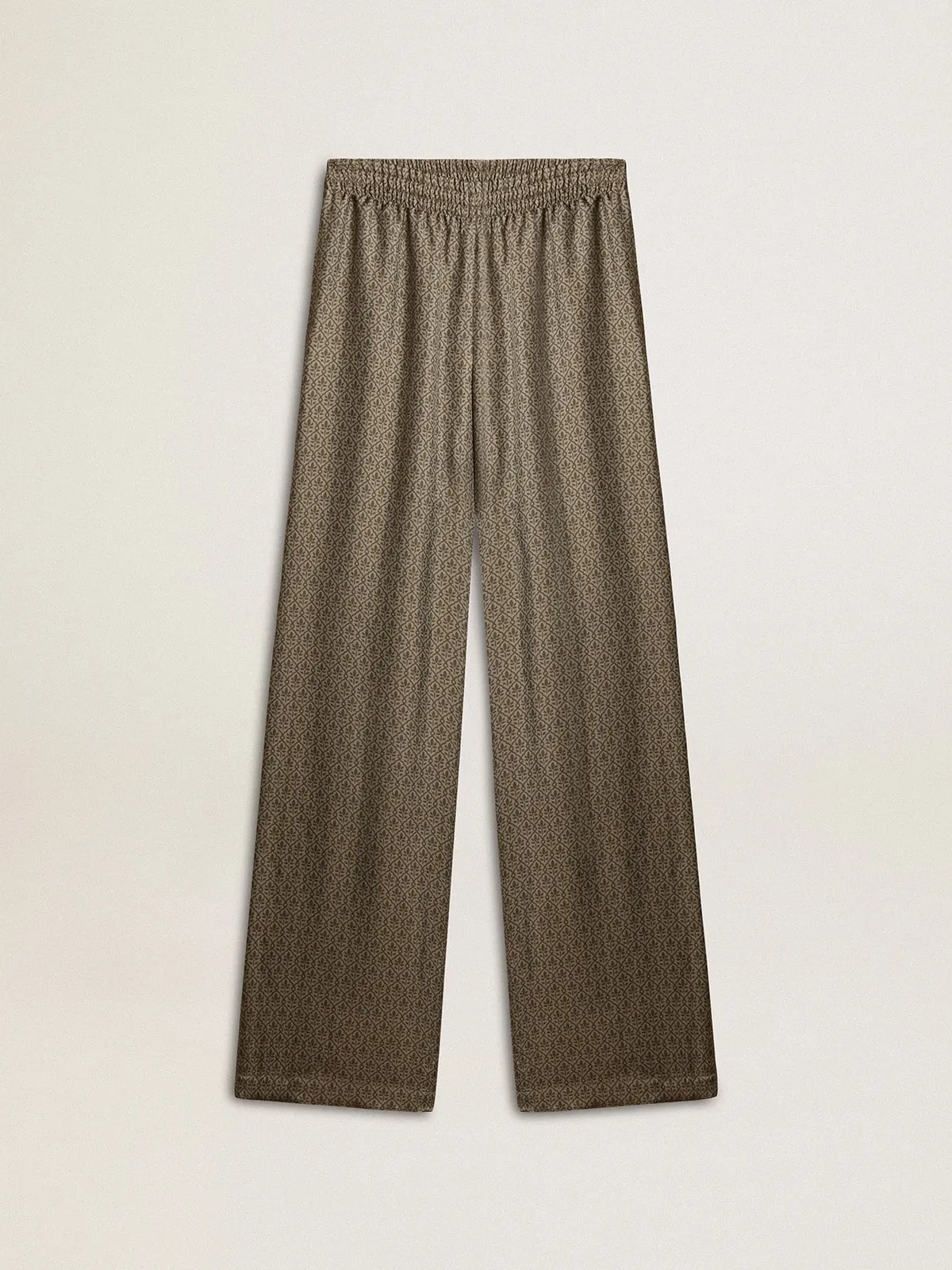 Pantalón de mujer de mezcla de seda y viscosa color verde con motivo floral