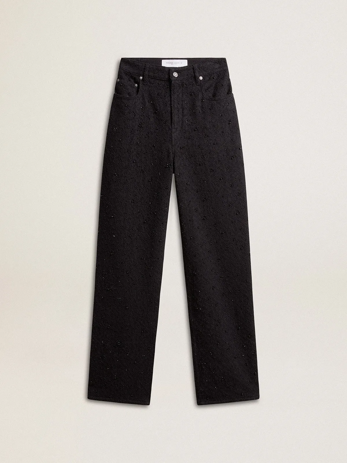 Pantalón de mujer en denim de algodón con cristales y piedras aplicadas