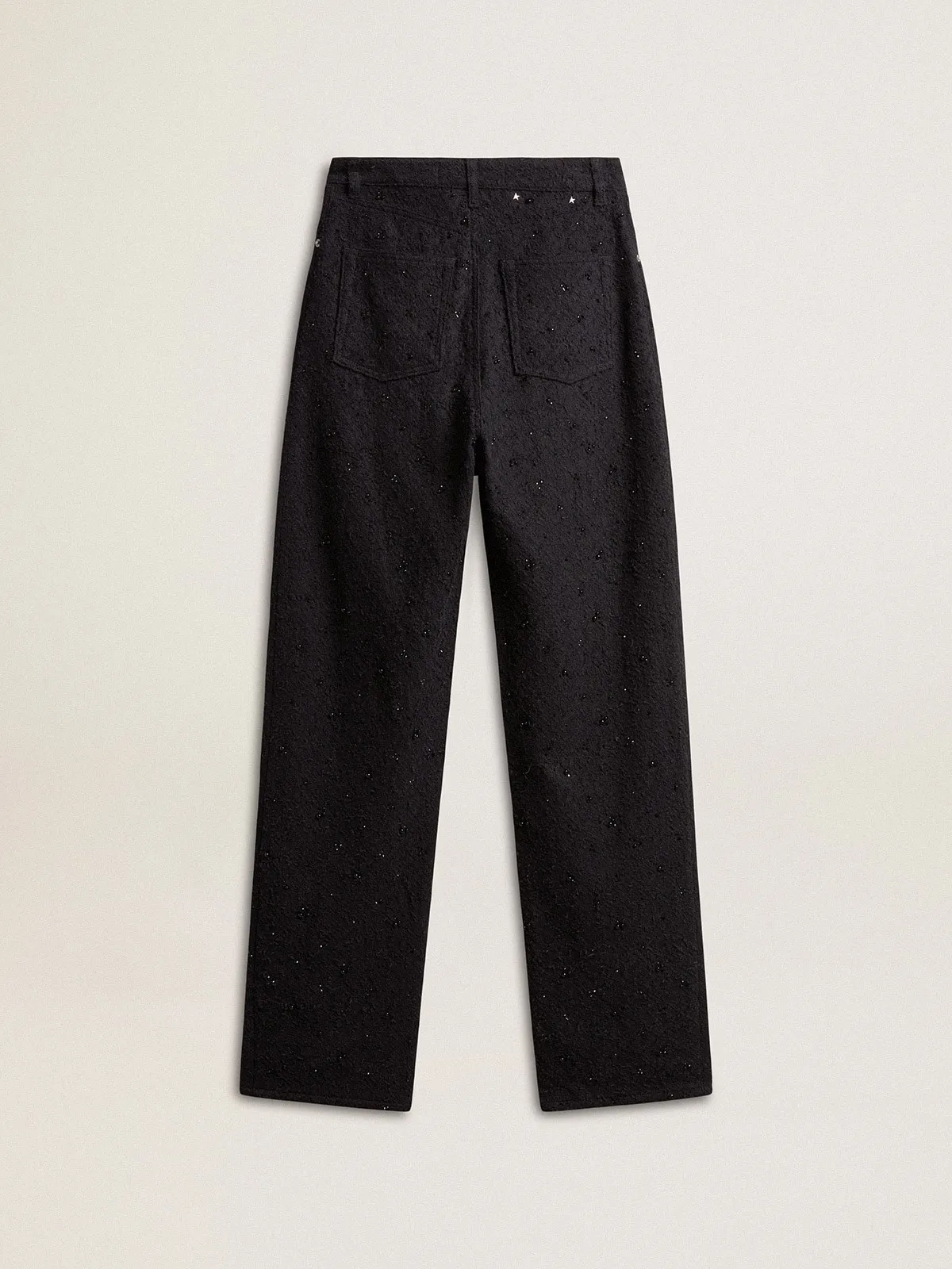 Pantalón de mujer en denim de algodón con cristales y piedras aplicadas