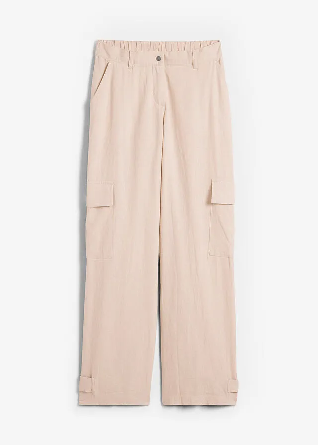 Pantalón estilo cargo con lino Beige tiza