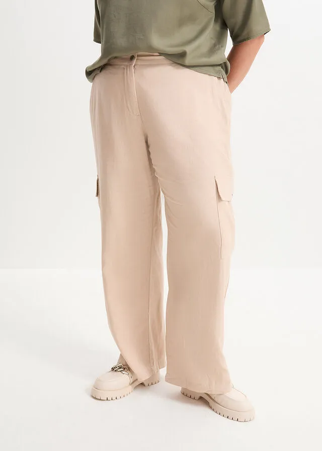 Pantalón estilo cargo con lino Beige tiza