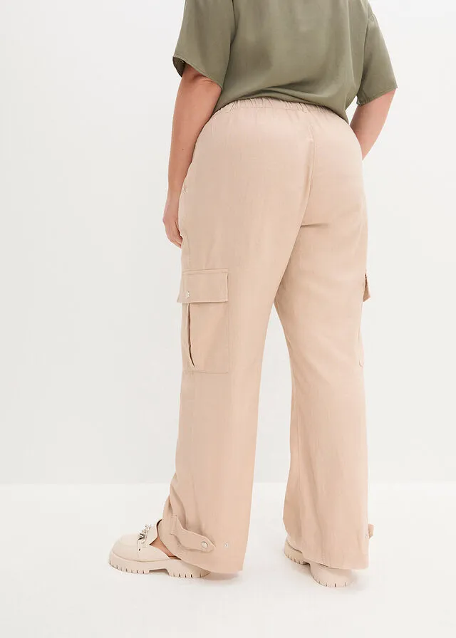 Pantalón estilo cargo con lino Beige tiza