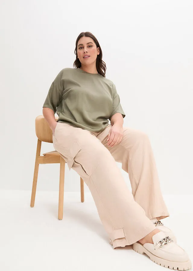 Pantalón estilo cargo con lino Beige tiza