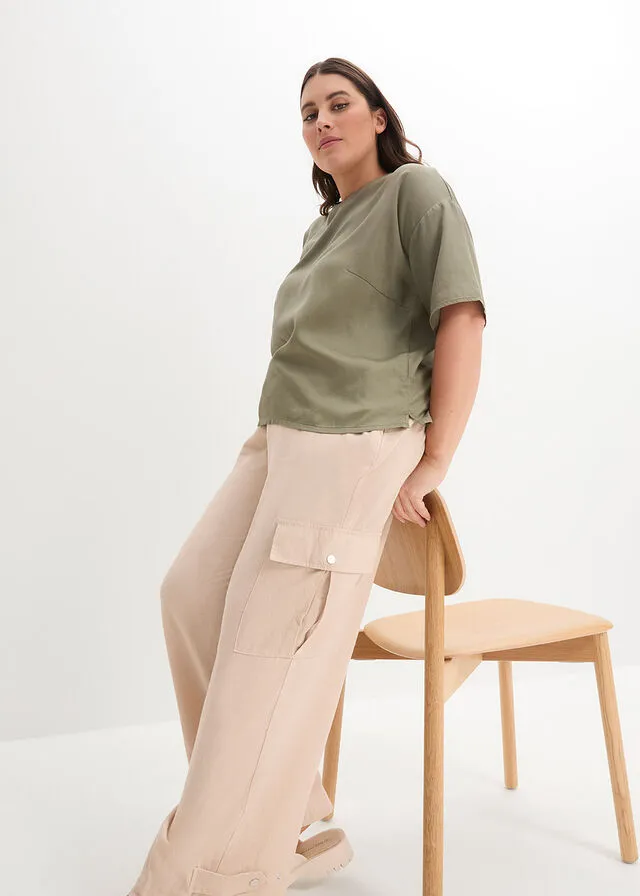 Pantalón estilo cargo con lino Beige tiza