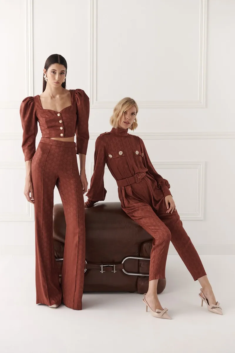 Pantalón palazzo jacquard marron Stacy