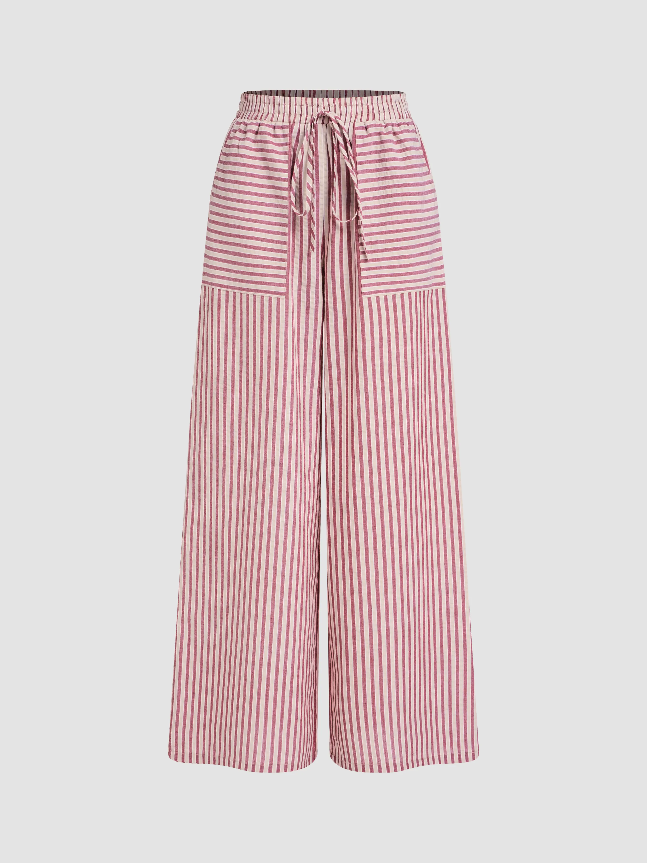 Pantalón tejido a rayas con nudo y bolsillos de tiro medio