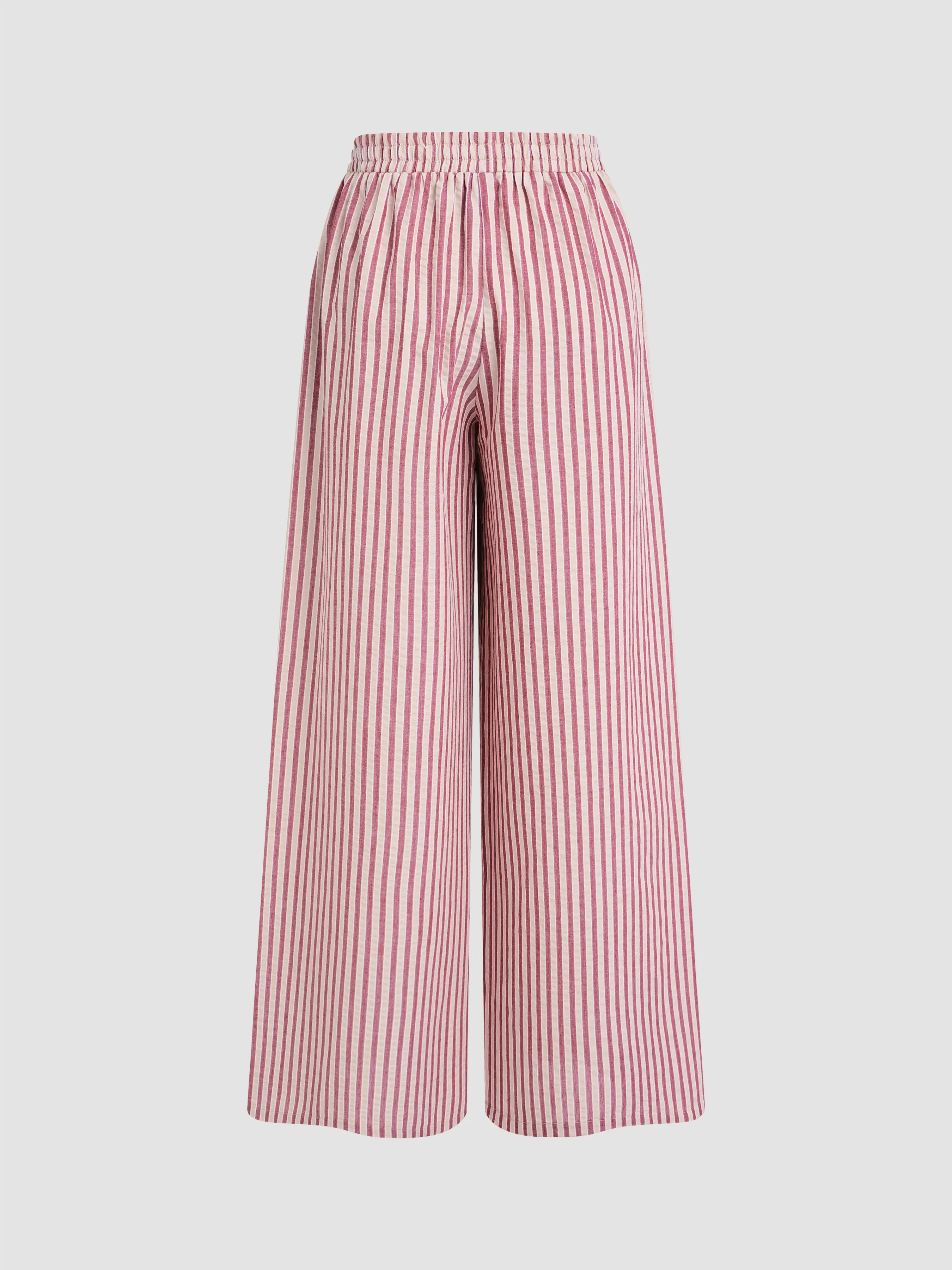 Pantalón tejido a rayas con nudo y bolsillos de tiro medio