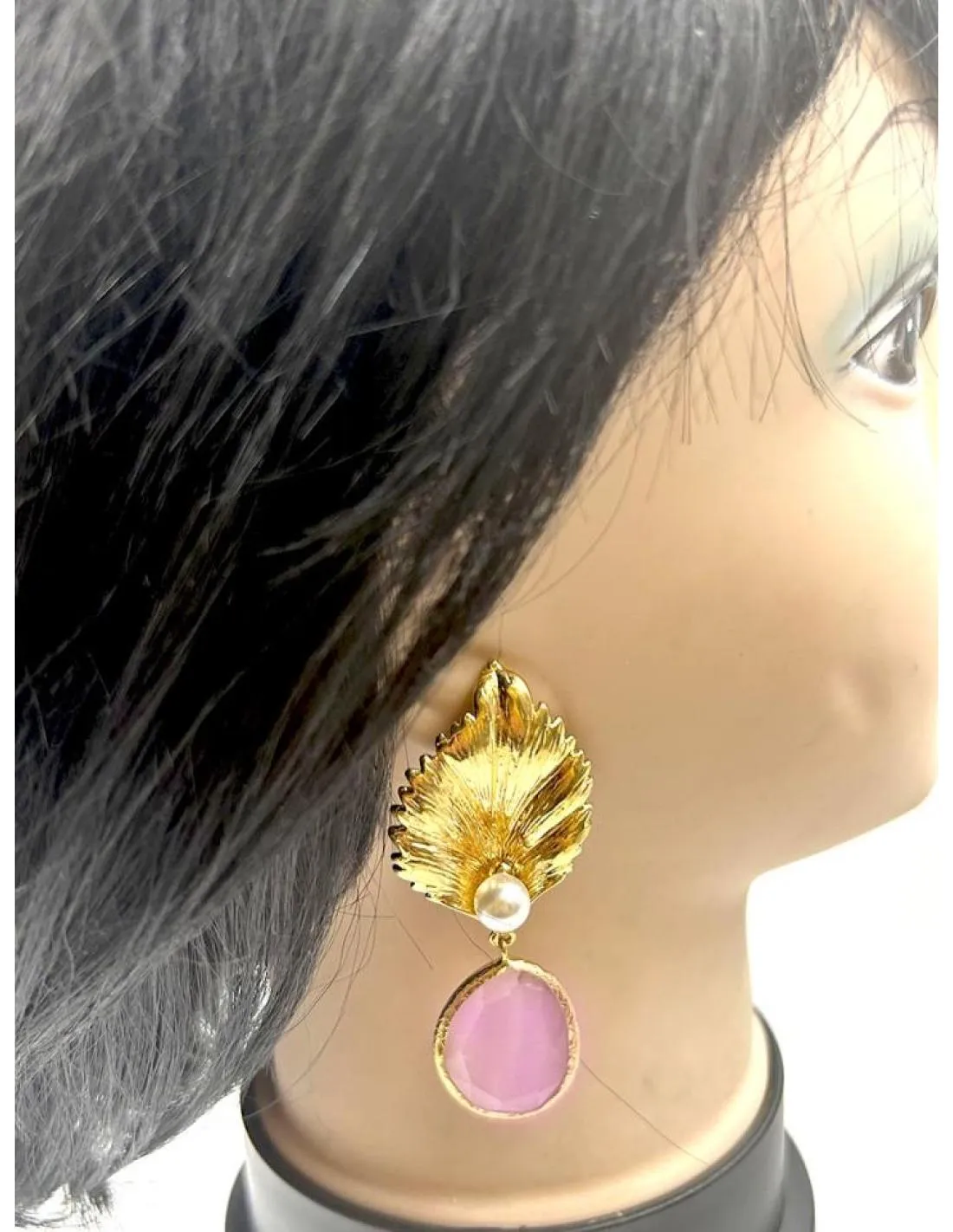 PENDIENTES ROSAS LARGOS CON HOJA DORADA Y PERLITA PARA BODAS