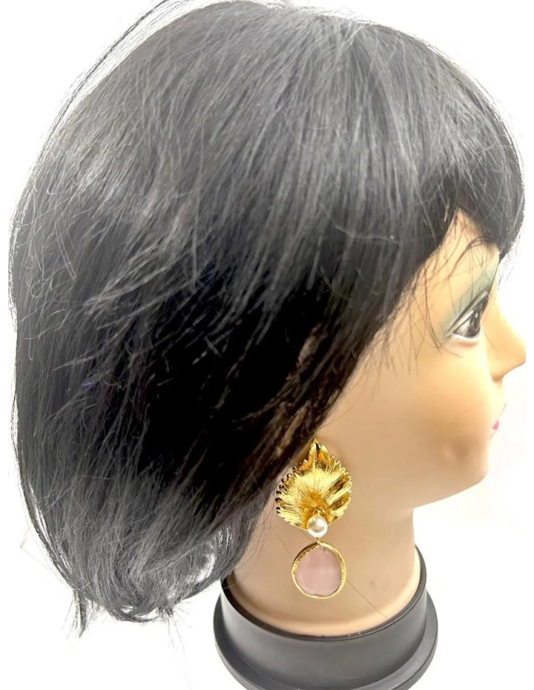 PENDIENTES ROSAS LARGOS CON HOJA DORADA Y PERLITA PARA BODAS