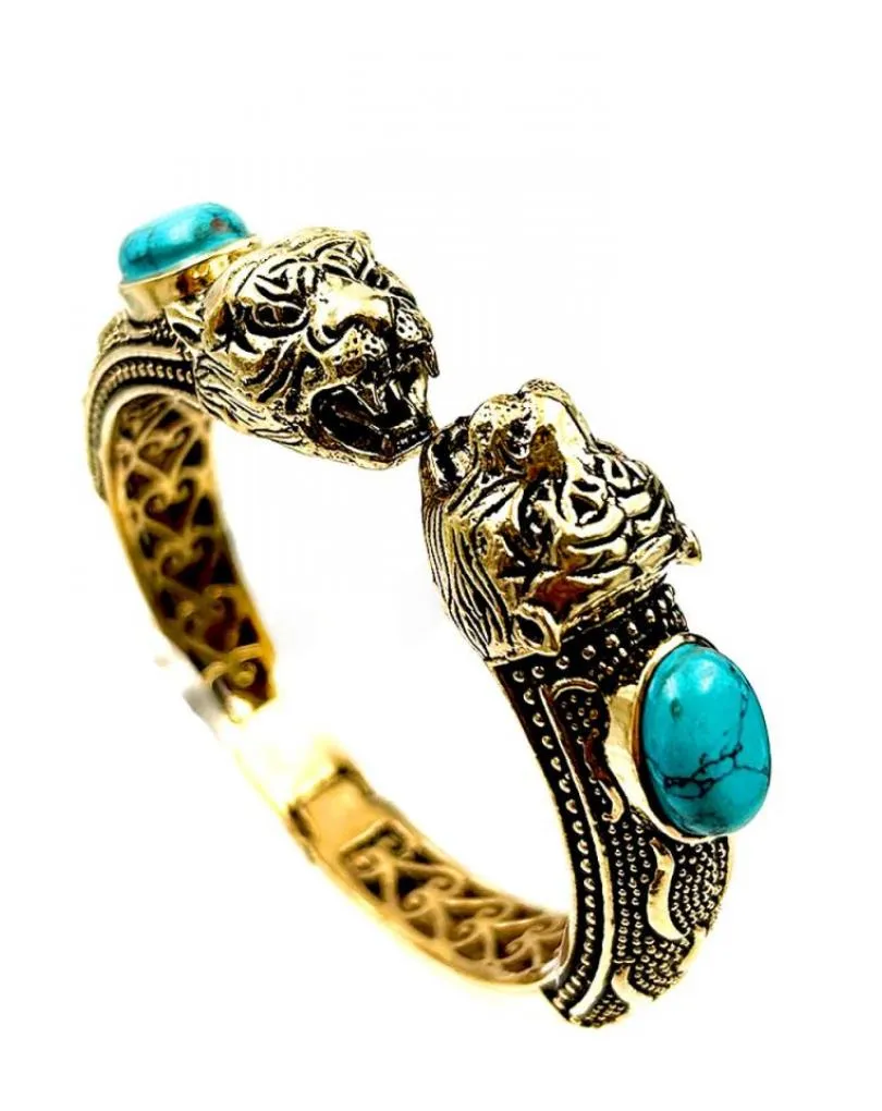 PULSERAS DORADAS CON TIGRES Y PIEDRA COLOR ESTILO TRIBAL Y ETNICO