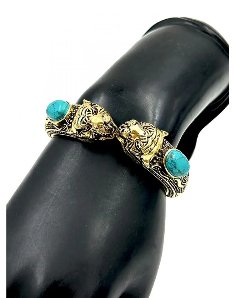 PULSERAS DORADAS CON TIGRES Y PIEDRA COLOR ESTILO TRIBAL Y ETNICO