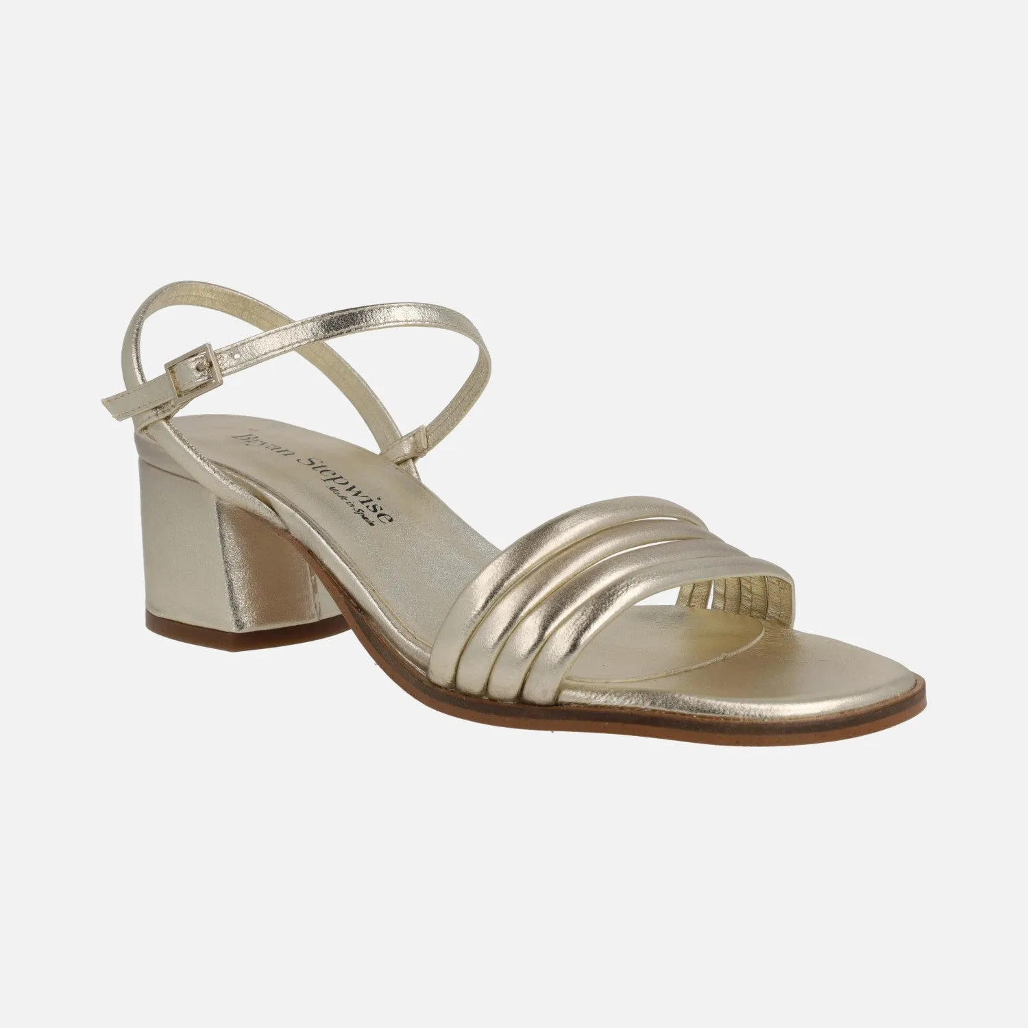 SANDALIAS DE TACÓN EN PIEL ORO CON TIRAS DELANTERAS Y PULSERA AL EMPEINE