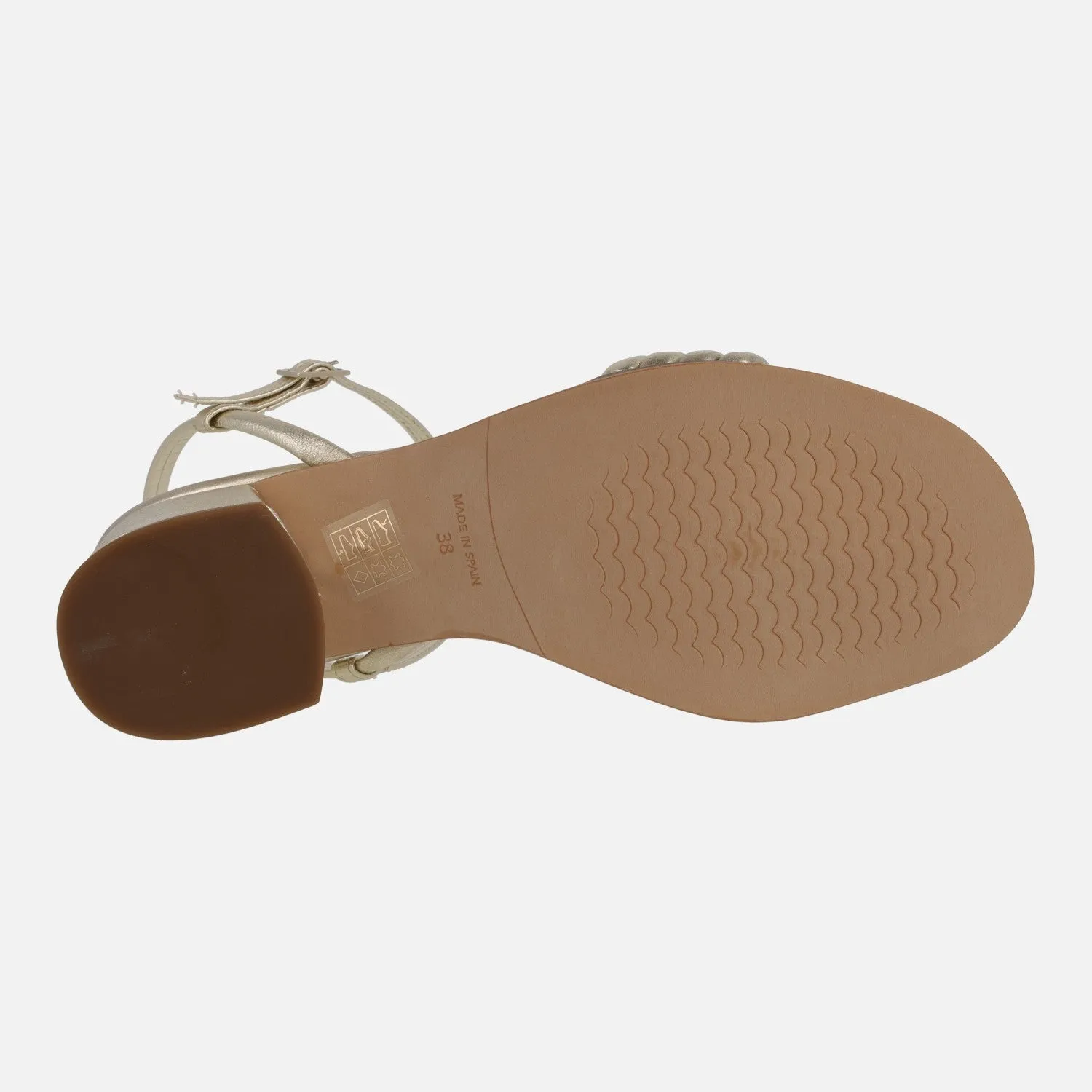 SANDALIAS DE TACÓN EN PIEL ORO CON TIRAS DELANTERAS Y PULSERA AL EMPEINE