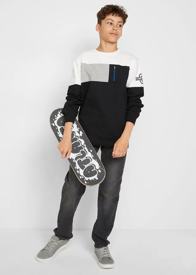 SUDADERA PARA NIñOS CON BLOQUES DE COLOR NEGROAZUL CIELOGRIS CLARO MOTEADOCREMA SUAVE