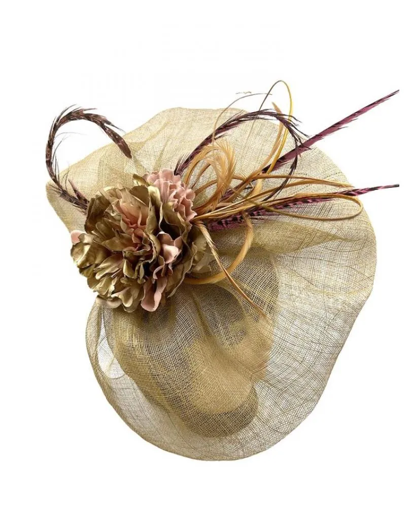 TOCADOS DORADO ENVEJECIDO PARA BODAS CON ESTILOSAS PLUMAS FAISAN