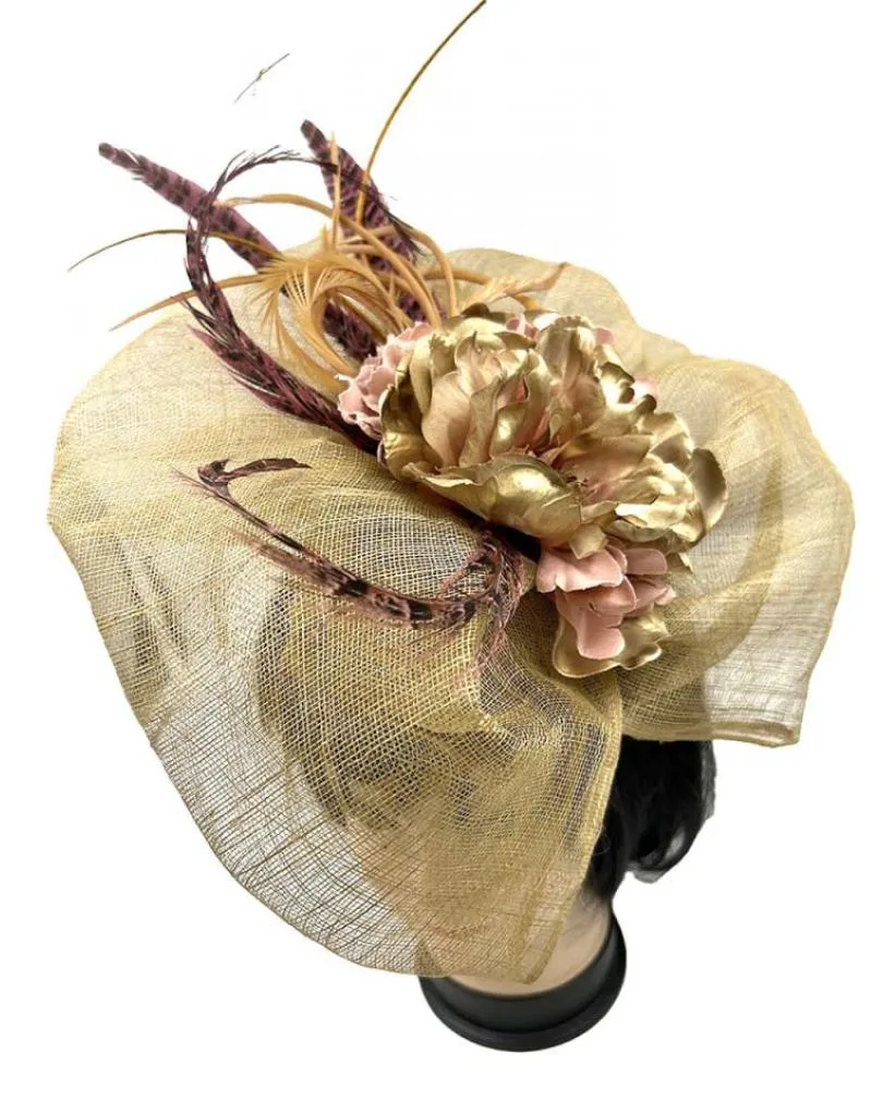 TOCADOS DORADO ENVEJECIDO PARA BODAS CON ESTILOSAS PLUMAS FAISAN