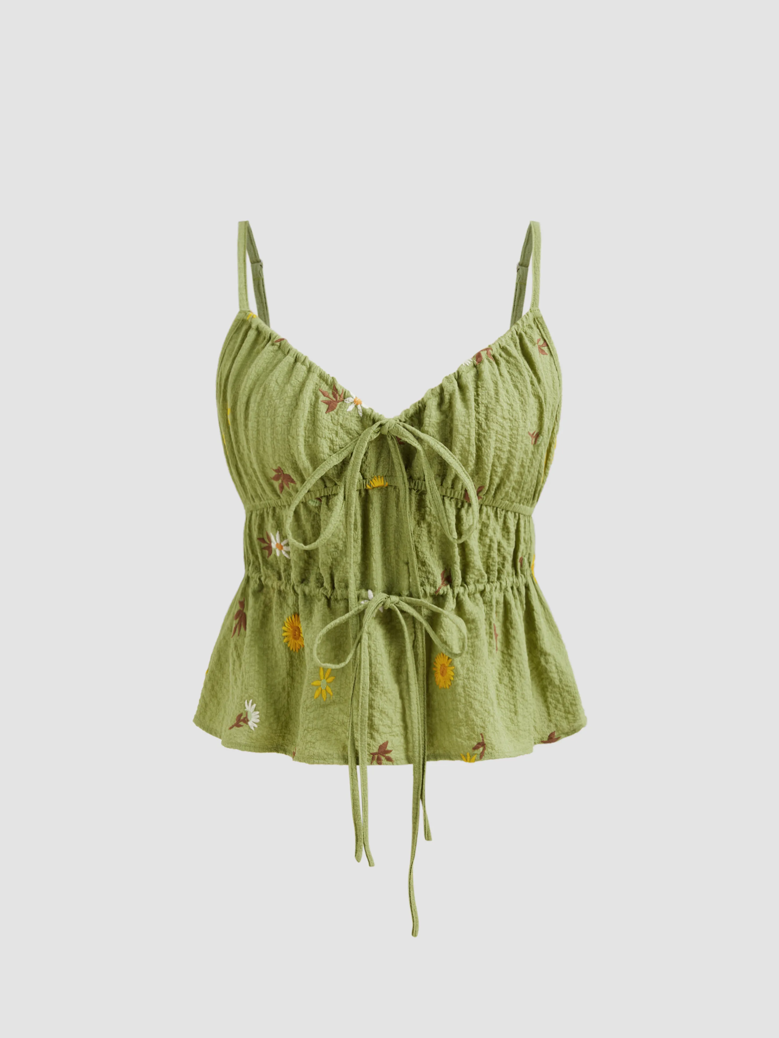 Top de tirantes con cuello en V tejido y bordado floral anudado