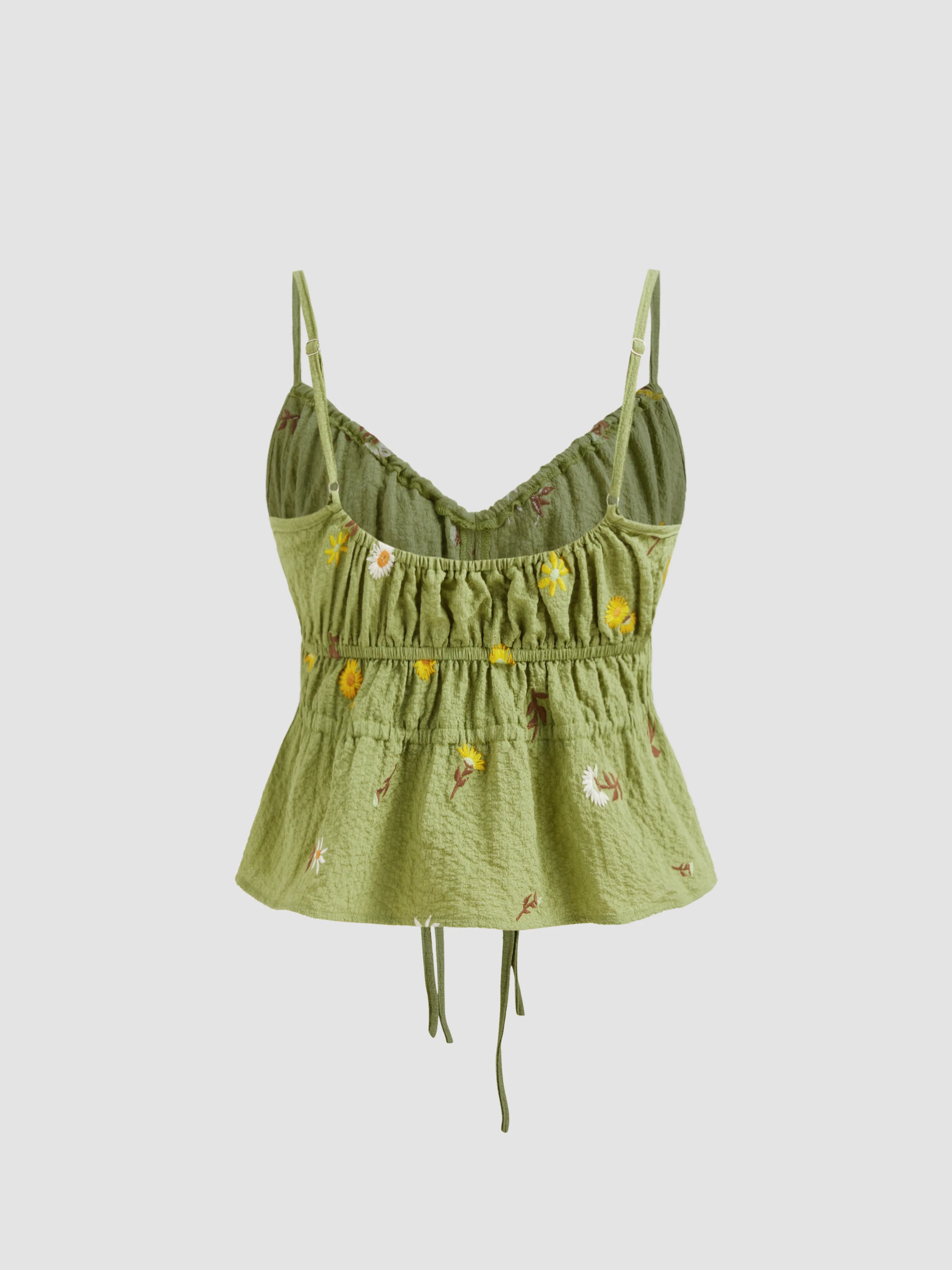 Top de tirantes con cuello en V tejido y bordado floral anudado