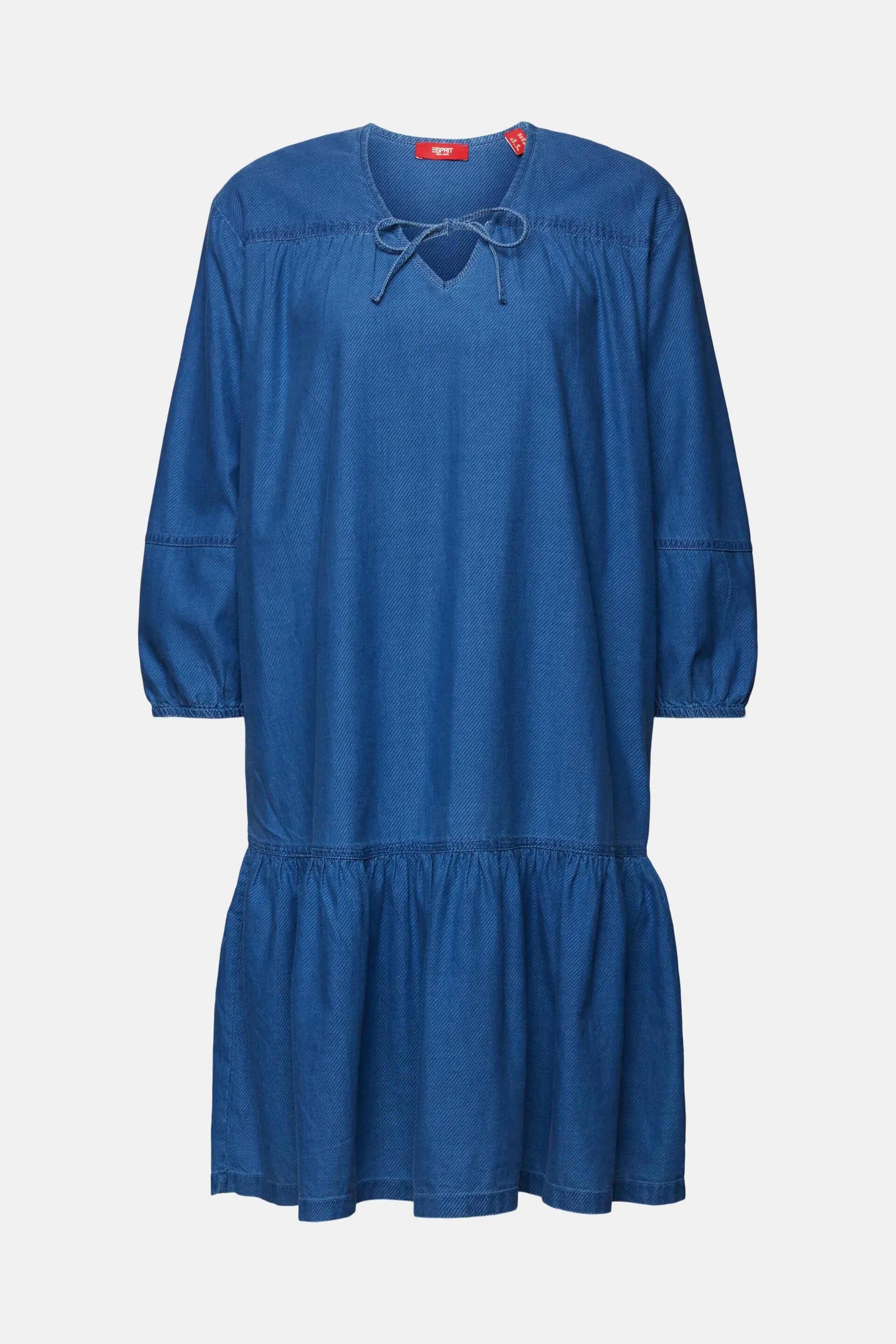 Vestido fruncido de tejido chambray con lazada en el cuello
