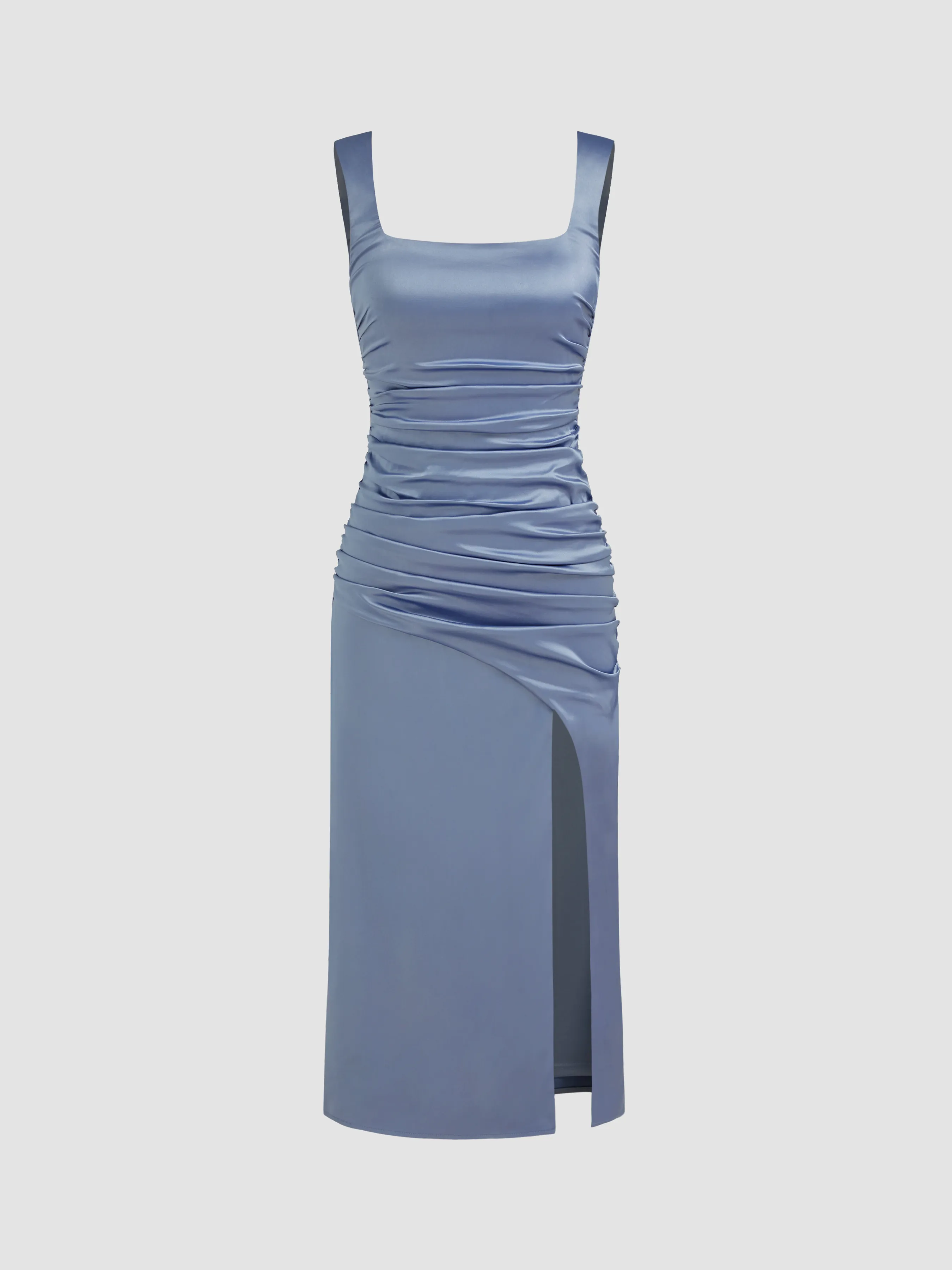 Vestido Midi Tejido de Cuello Cuadrado Sólido con Fruncido y Abertura