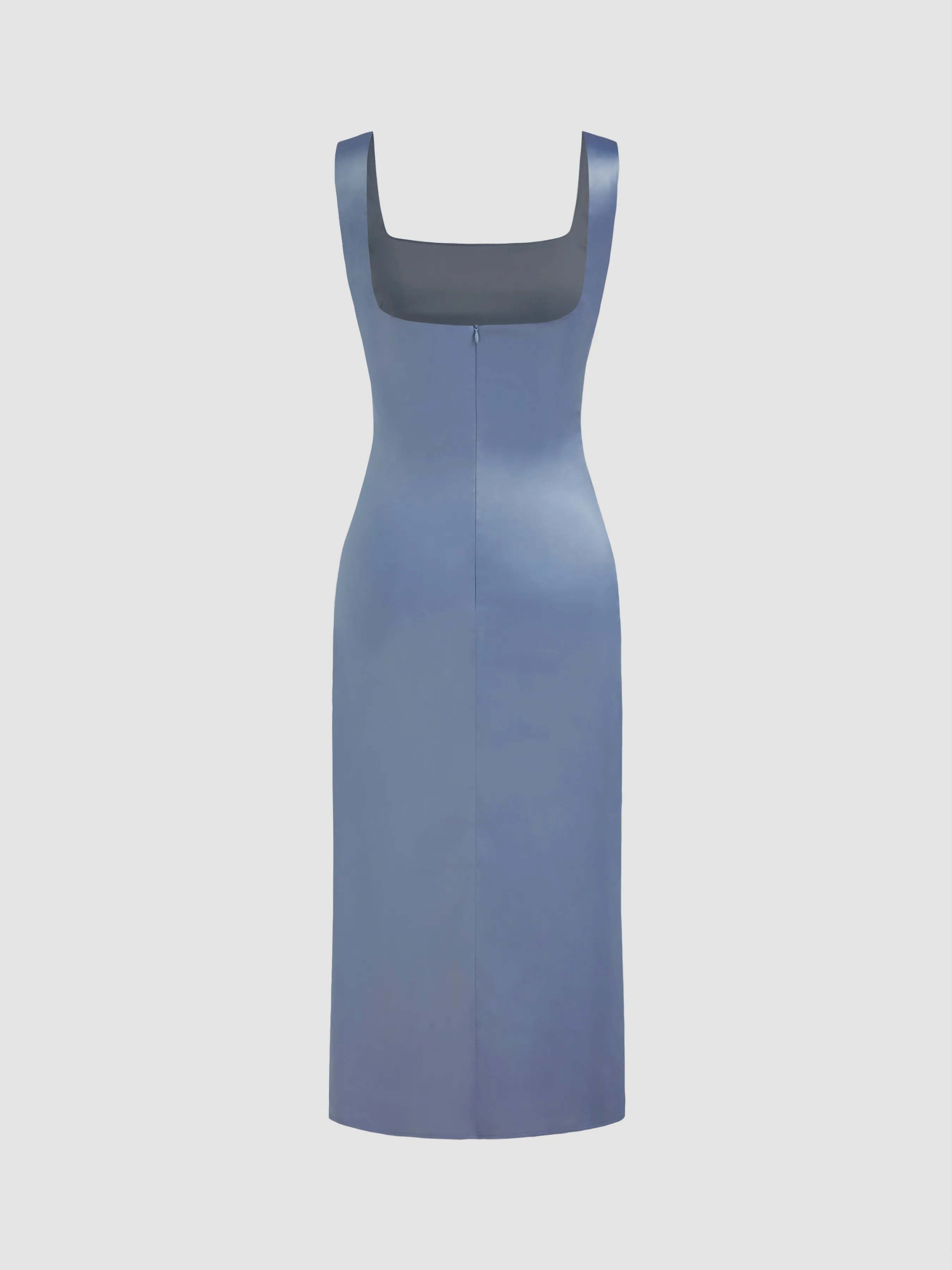Vestido Midi Tejido de Cuello Cuadrado Sólido con Fruncido y Abertura