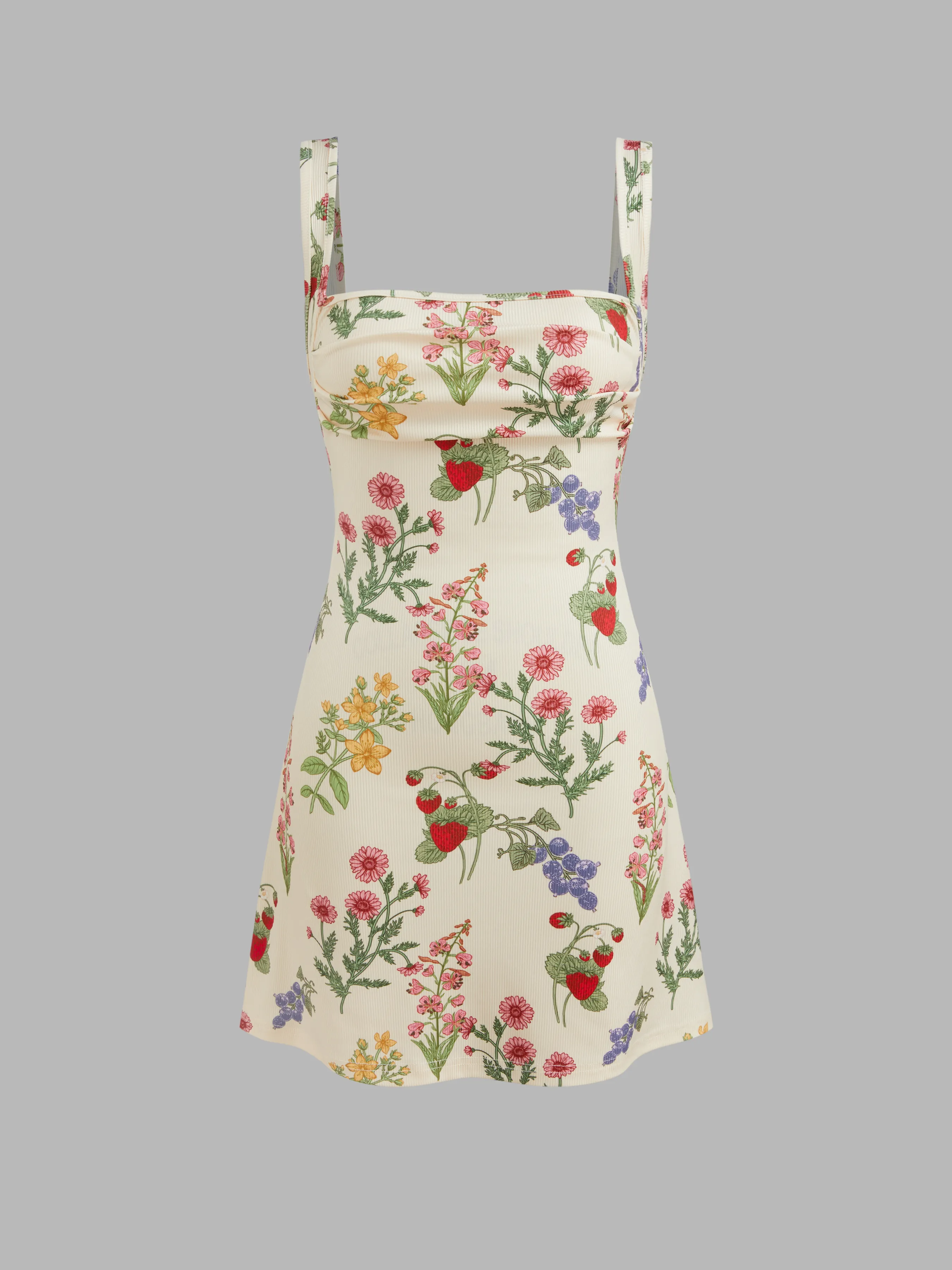 Vestido Mini con Cuello Cuadrado y Gráfico de Flores y Frutas