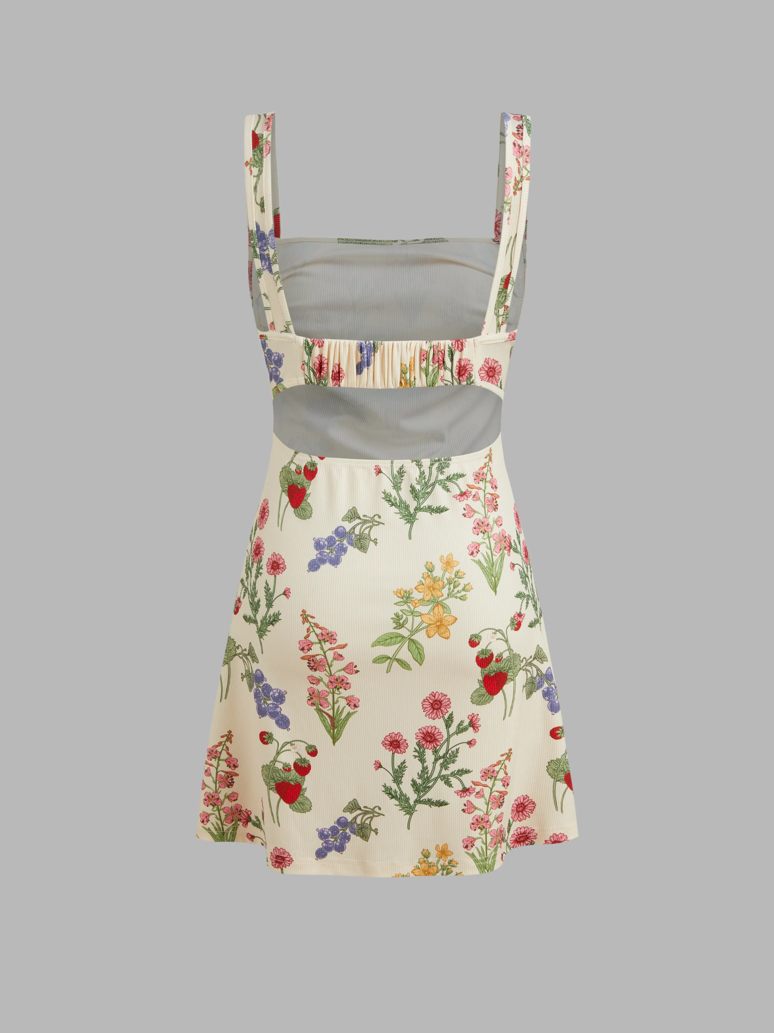 Vestido Mini con Cuello Cuadrado y Gráfico de Flores y Frutas