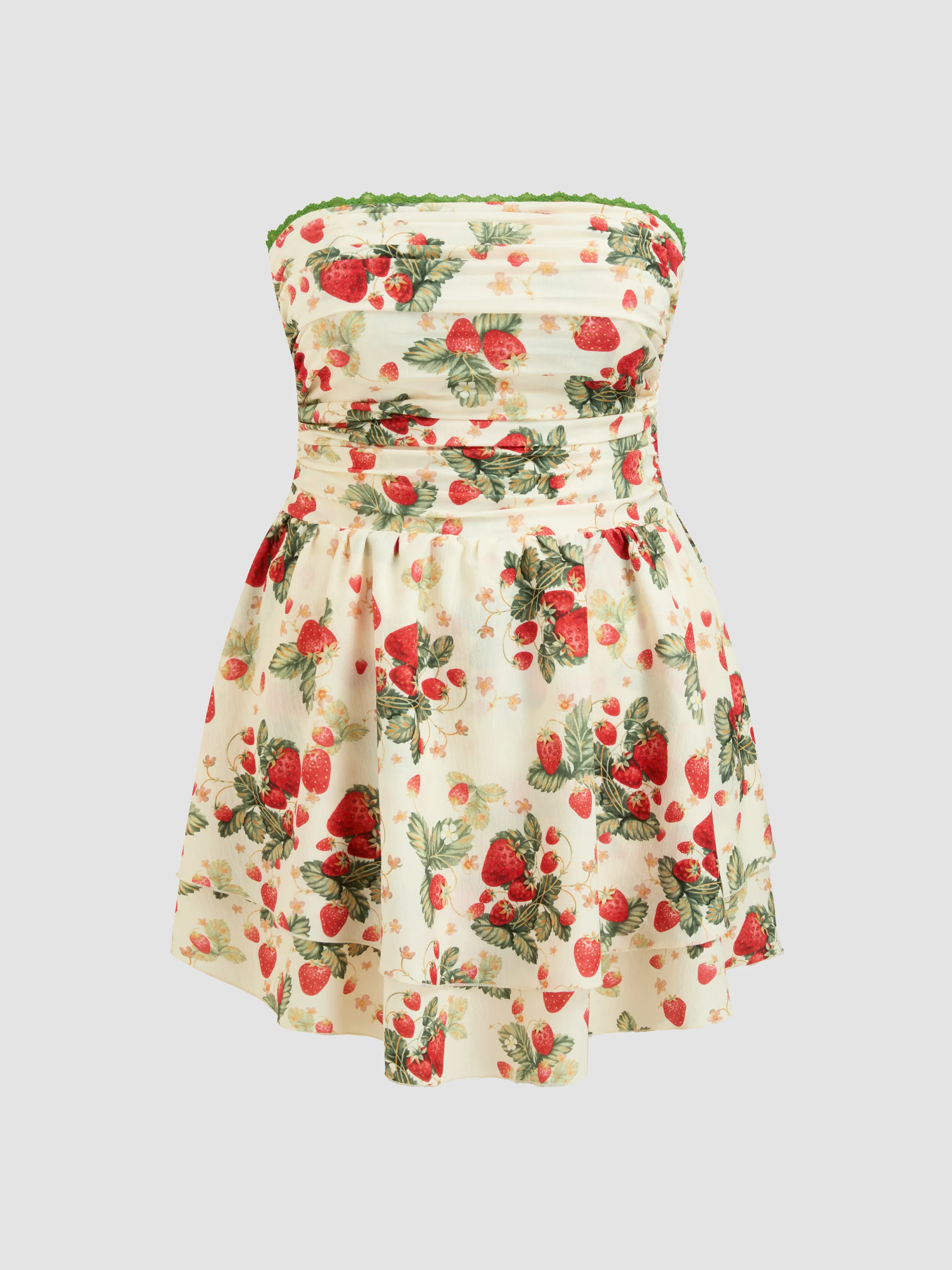 Vestido Mini con Volantes, Encaje y Estampado de Fresas Tejido Curvy