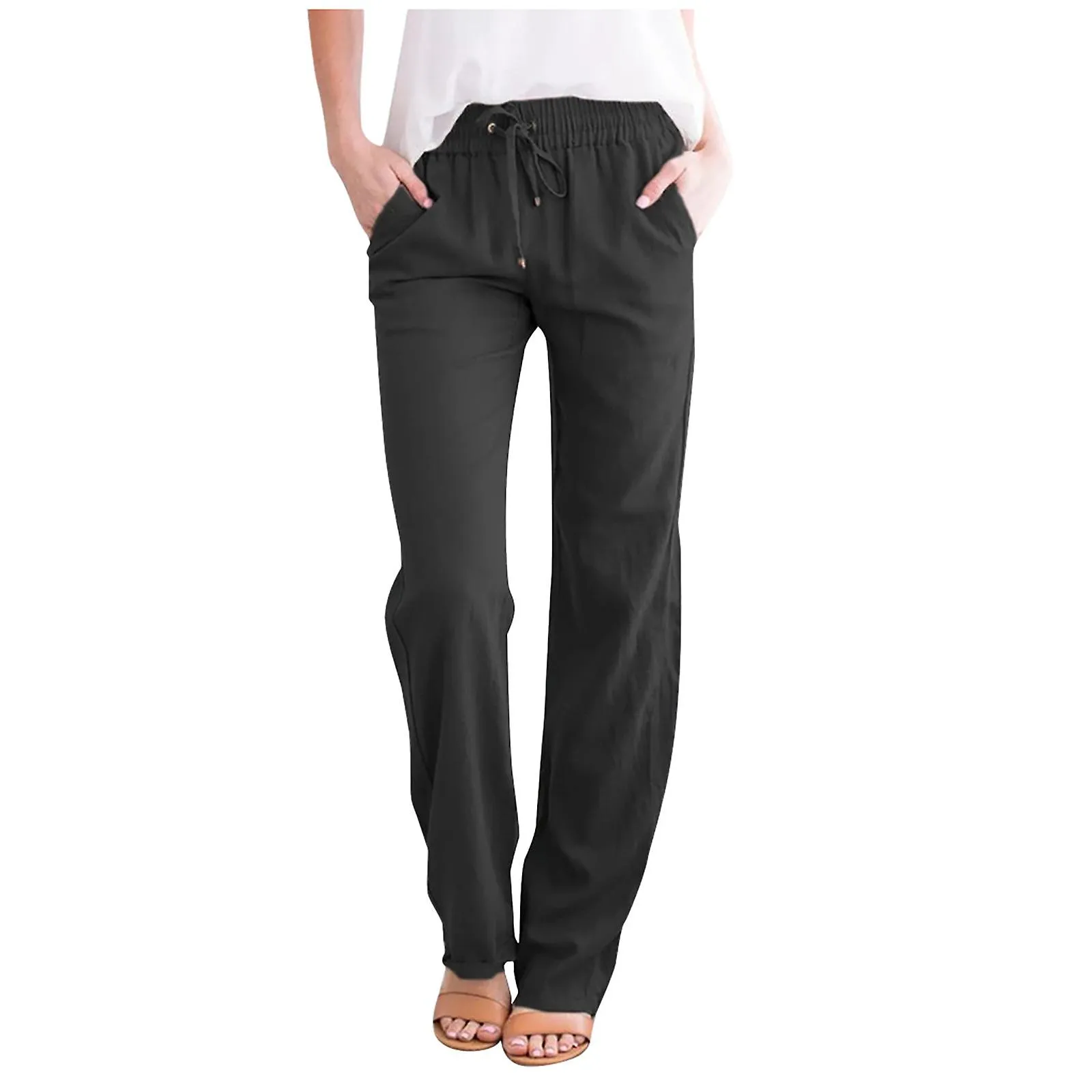 Women Casual Cotton And Linen Solid Drawstring Elastic Waist Long Straight Pants SZS0585