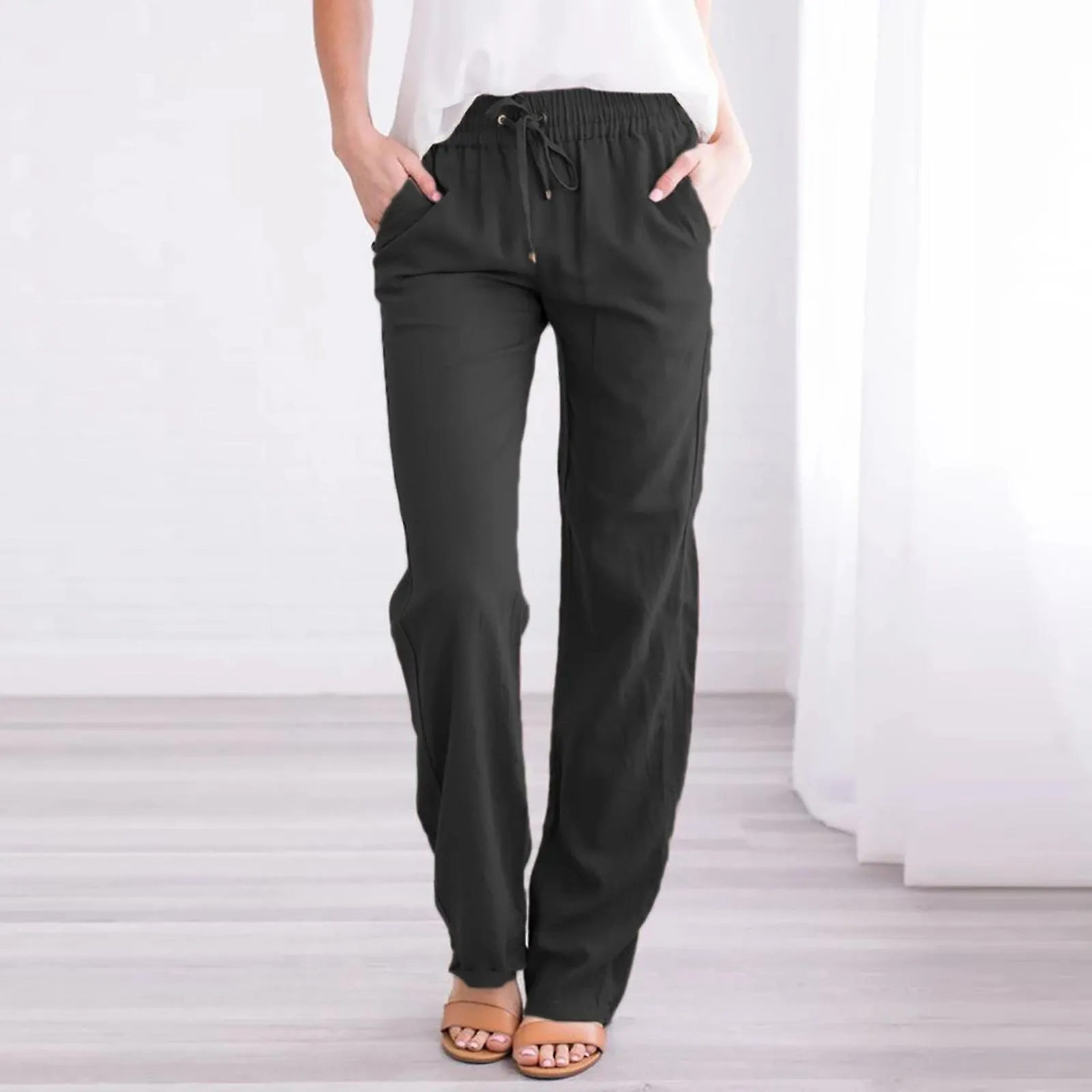Women Casual Cotton And Linen Solid Drawstring Elastic Waist Long Straight Pants SZS0585
