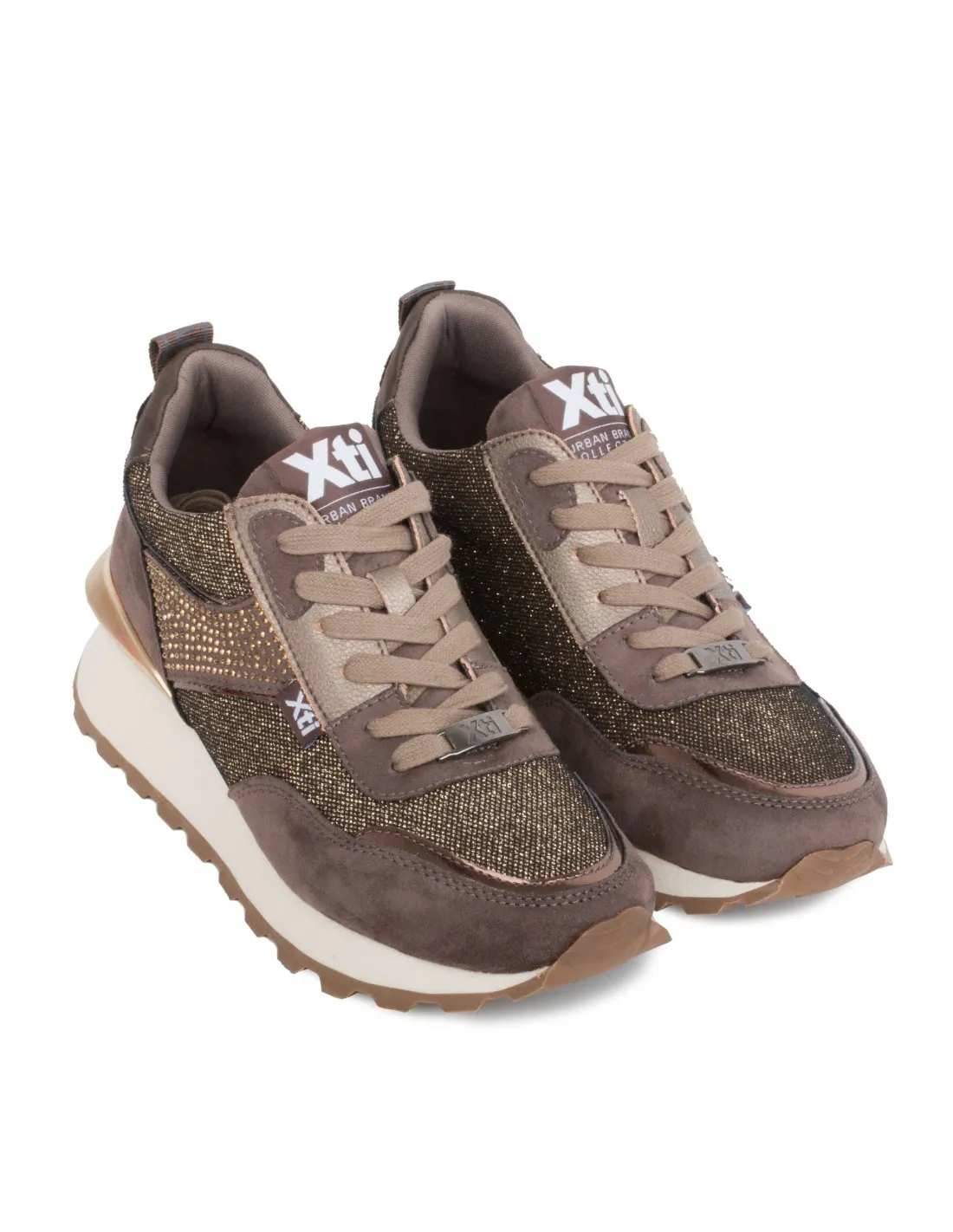 XTI Zapatillas Brillos Strass Marrones