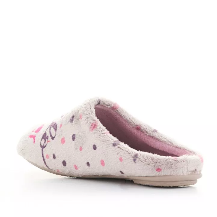 Zapatillas casa Vul·ladi grises con puntos y frase en la puntera